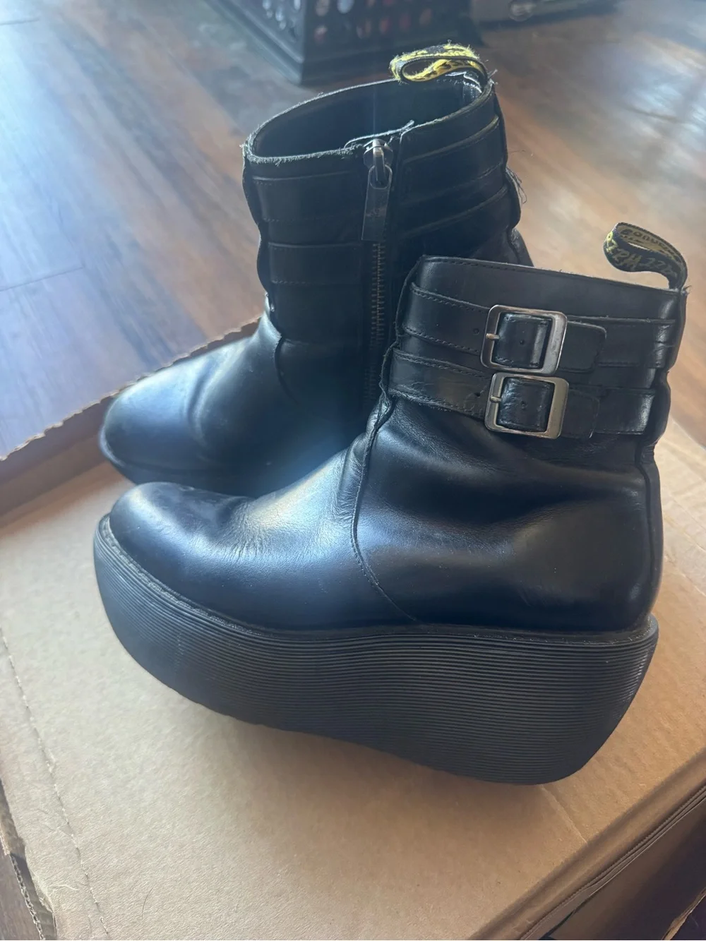 Dr. Martens Caitlin Black  Leather Platform Ankle Boots with Double Buckles